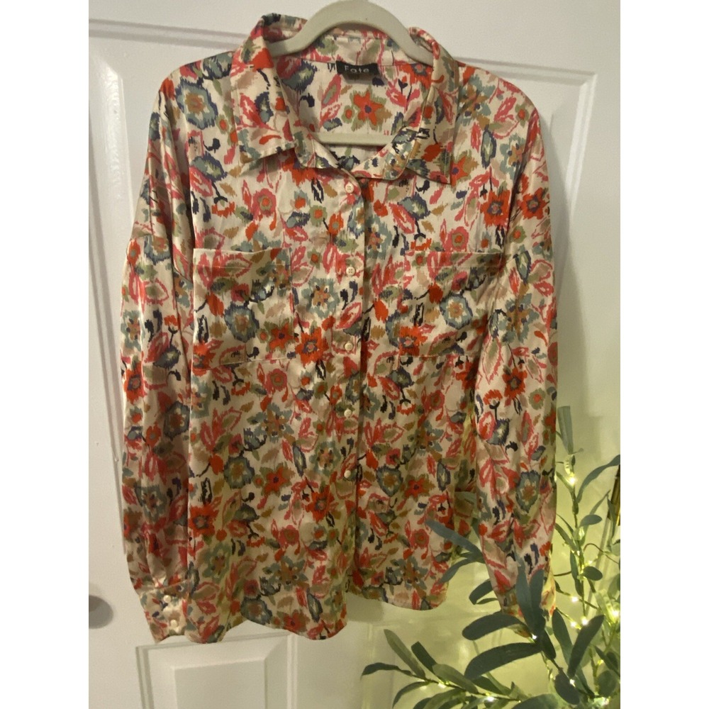 Fate Floral Satin Pockets Button Up Blouse Multicolor Women Small